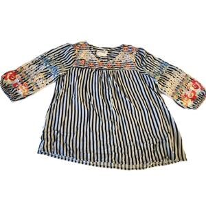Womens Boho Chic Black White Pin Striped Blouse Colorful Floral Embroidery L